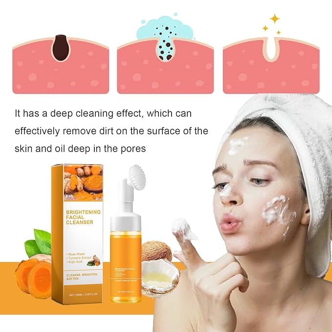 2 Pcs Turmeric Foaming Face Wash, Deep Cleansing Glow Wash Turmeric Facial Cleanser With Brush.