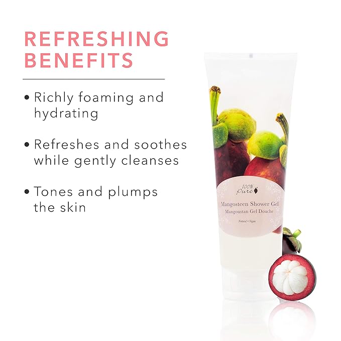 100% PURE Mangosteen Shower Gel Natural Foaming & Hydrating Body Wash - Deeply Moisturizing Gentle Soap Cleanser for All Skin Types, Even Sensitive - Gluten-Free - 8 Fl Oz