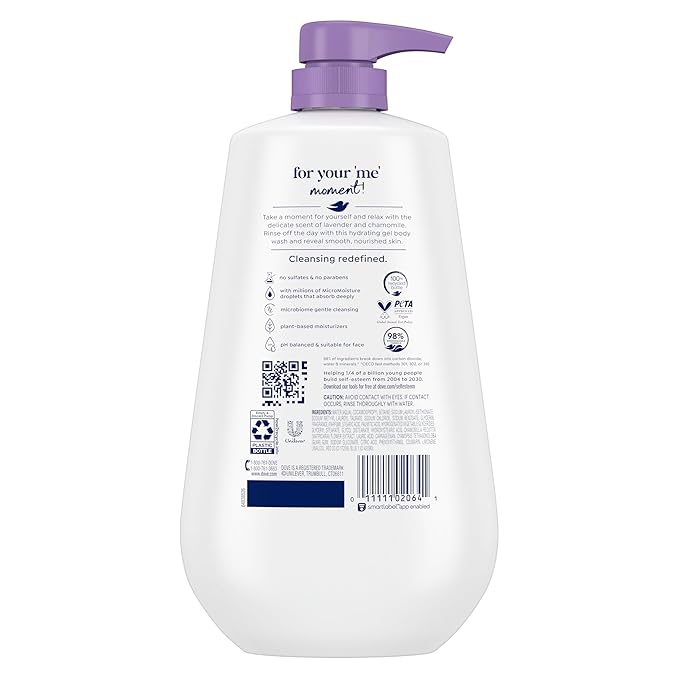 Dove Body Wash with Pump Relax Lavender Oil & Chamomile For 24hr Lotion-Soft Skin Moisturizing Skin Cleanser with No Sulfates No Parabens 30.6 Oz