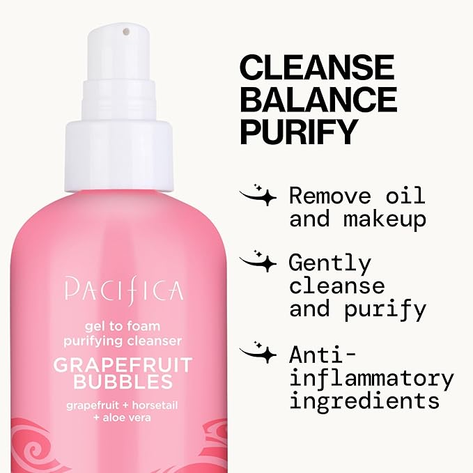 Pacifica Grapefruit Bubbles Gel-to-Foam Cleanser - Gentle Face Wash for Oily & Combination Skin, Helps Remove Excess Oil & Impurities, Helps Brighten, Vegan & Cruelty-Free Formula Dermatologist Tested
