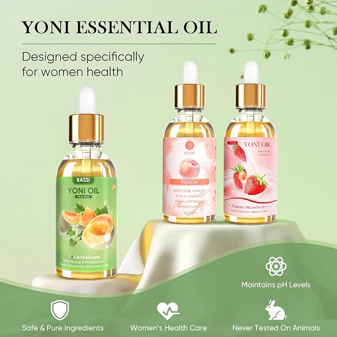 3 PCS Natural Yoni Oil for Women -Feminine Oil Vaginal Moisturizer - Reduces Odor, Restores pH Balance, Helps with Vaginal Itch, Herbal Yoni Blend with Strawberry Peach Hami Melon