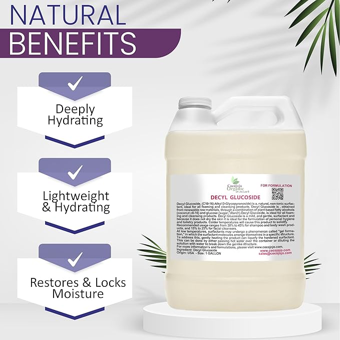 Cocojojo Decyl Glucoside Natural Surfactant - Surfactants for Soap Making, Lauryl Glucoside, DIY Shower Gel, Skin Care, Body and Face Wash, Plant Derived, Natural - 1 Gallon (Pack of 1)