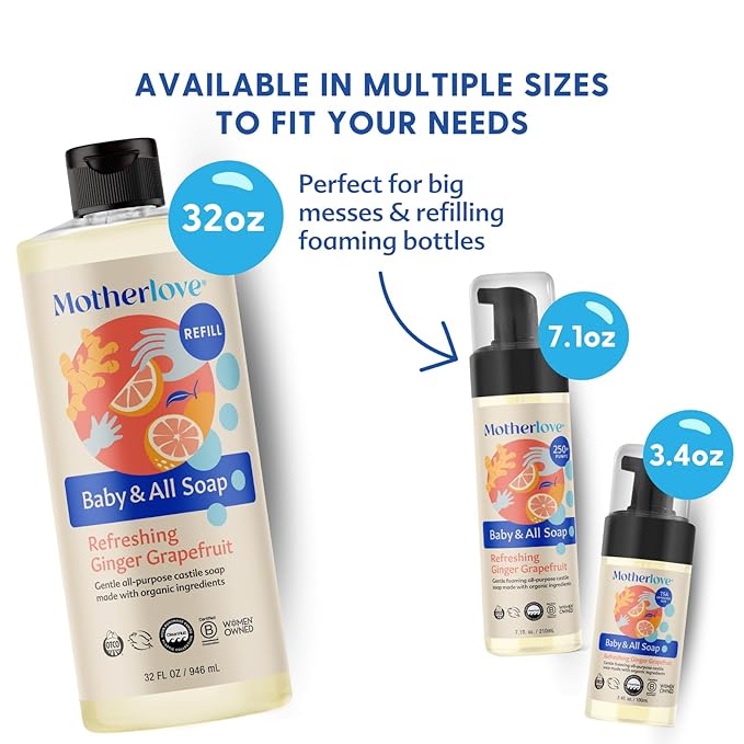 Motherlove Baby & All Soap (7.1 oz) Gentle Foaming All-Purpose Castile Soap Made with Organic Ingredients – Refreshing Ginger Grapefruit