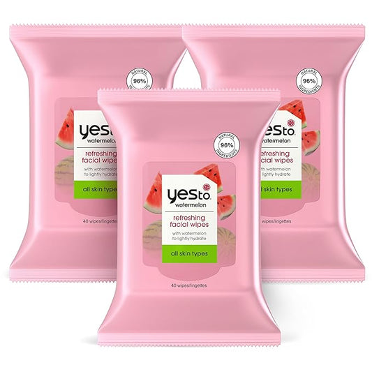Yes To Face Wipes for Women and Men, Super Skin Recharging Facial Cleansing Wipes for use as a Make Up Remover, Cleaning, Soothing, Watermelon (Pack of 3)