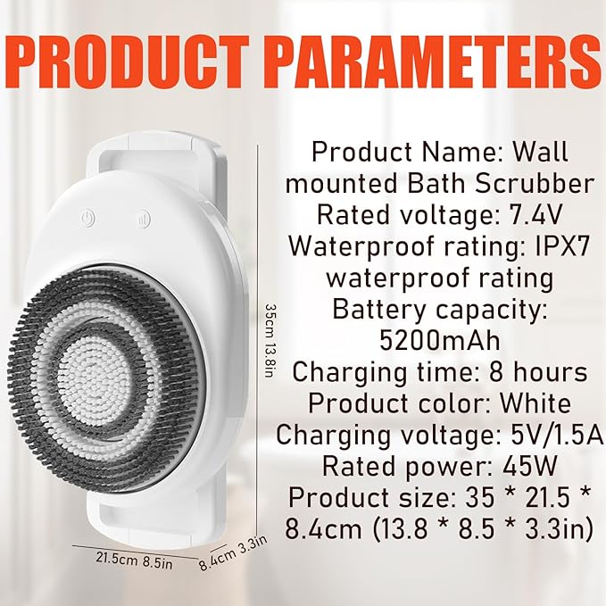 Wall Mounted Electric Back Scrubber for Daily Bath Shower, Waterproof Design with 360° Rotation 3-Speed, Easy to Install & Adjustable Large Brush Head with Soft Bristles for Exfoliating,Deep Cleansing