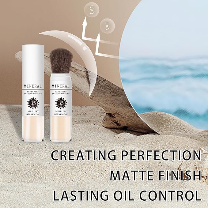 Sunscreen Setting Powder SPF 35, Mineral Brush Powder for Face & Scalp, Oil Control Natural Matte Finish Loose Powder Translucent Lasting Lightweight Breathable for All Skin (#02 Fair)