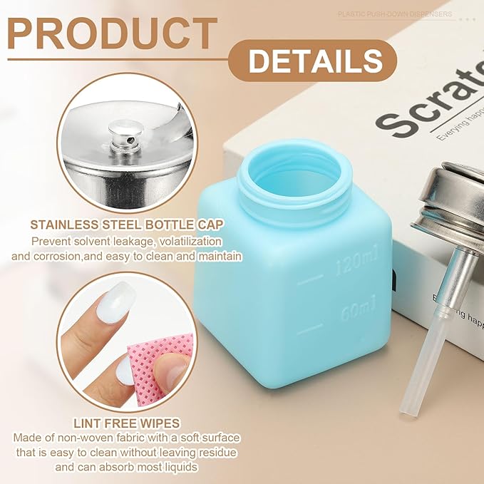 YOKIVE Alcohol Dispenser, 180ml(6oz) Pump Dispenser Bottle Push Down for Nail Polish Remover Acetone Cleanser with 200Pcs Lint Free Nail Wipes, Blue(Splash-proof Pump Head)