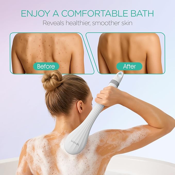 VOYOR Electric Body Brush Back Scrubber for Shower Rechargeable Exfoliating Bath Brush Powered Shower Brush with Non-Slip Long Handle Deep Cleansing, Exfoliation, Massaging Spin Brush BC100 (Grey)