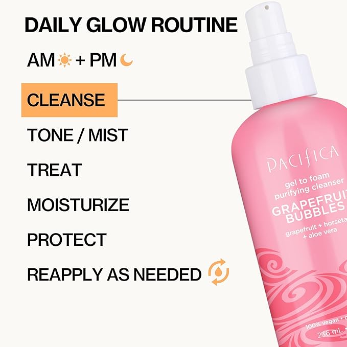 Pacifica Grapefruit Bubbles Gel-to-Foam Cleanser - Gentle Face Wash for Oily & Combination Skin, Helps Remove Excess Oil & Impurities, Helps Brighten, Vegan & Cruelty-Free Formula Dermatologist Tested