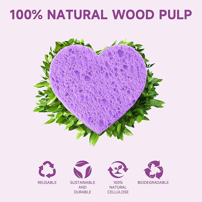 ‌Silkyhose 50-Count Compressed Cellulose Facial Sponges - Heart-Shaped 100% Natural Cosmetic Sponges for Gentle Cleansing, Exfoliating & Skin Massage (Purple)