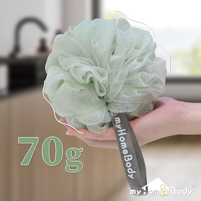 myHomeBody Large 70g Loofah Sponge, Body Scrubber, Bath Sponge, Loofah for Women, Men, Exfoliating Sponge Shower Pouf with Activated Charcoal - 2 Sea Foam Green + 1 Navy Blue, 3 Pack