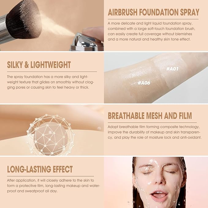 AirBrush Foundation Spray, Silky Mist Spray Makeup Kit with Brush, Full Coverage Foundation for Smooth Radiant Finish, Formula Breathable Lightweight Hydrating | #A06 Pearl