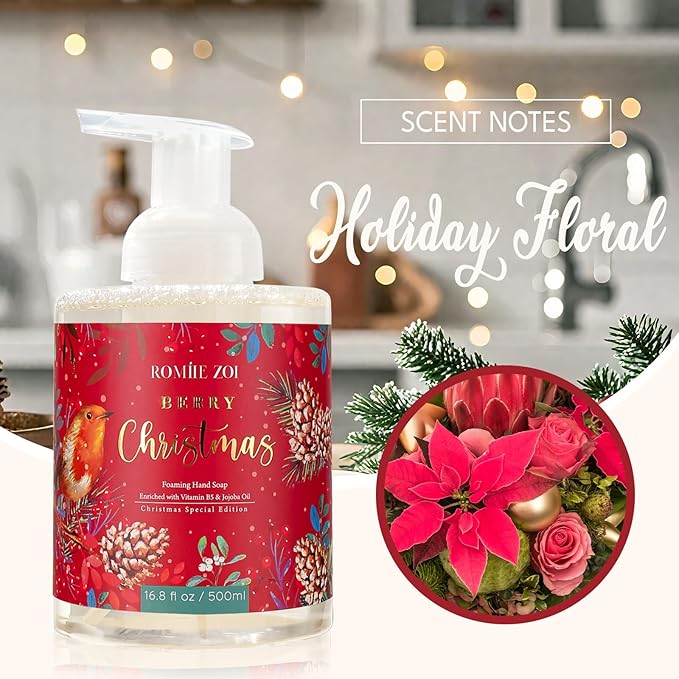ROMIIE ZOI Christmas Foaming Hand Soap with Gift Box- Berry Christmas, Infused with Holiday Floral- 500ml/ 16.8oz