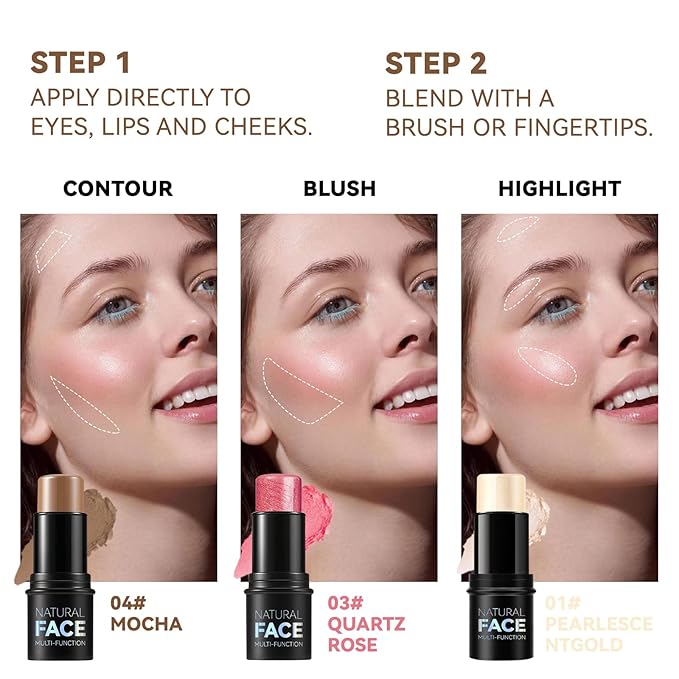 3-in-1 Cream Contour Stick Set - Blush, Bronzer & Highlighter for Cheek Sculpting - Long Lasting, Waterproof - Light (1+3+4)