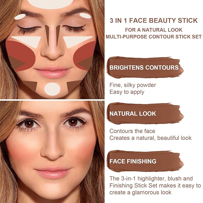 3-in-1 Cream Contour Stick Set - Fair (7+9+11) - Blush, Contour & Highlighter - Long Lasting, Waterproof - Matte & Dewy Finish