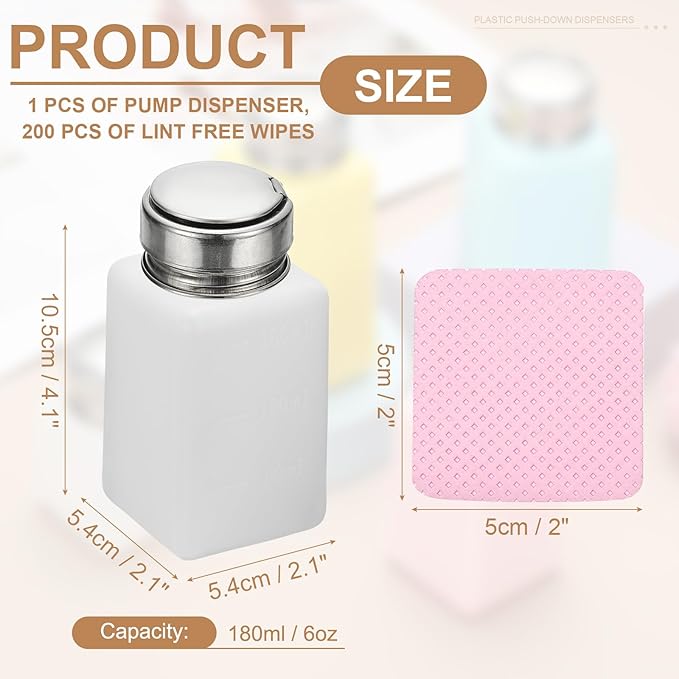 YOKIVE Alcohol Dispenser, 180ml(6oz) Pump Dispenser Bottle Push Down for Nail Polish Remover Acetone Cleanser with 200Pcs Lint Free Nail Wipes, White(Splash-proof Pump Head)