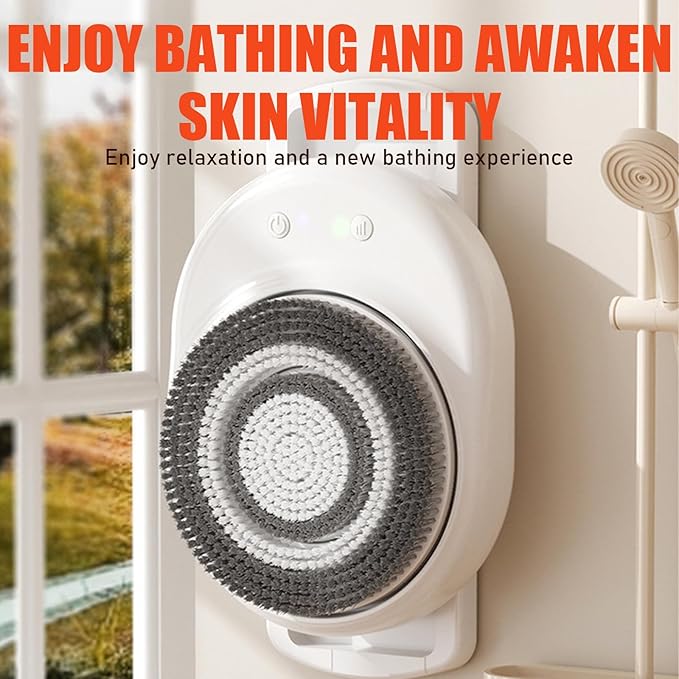 Wall Mounted Electric Back Scrubber for Daily Bath Shower, Waterproof Design with 360° Rotation 3-Speed, Easy to Install & Adjustable Large Brush Head with Soft Bristles for Exfoliating,Deep Cleansing