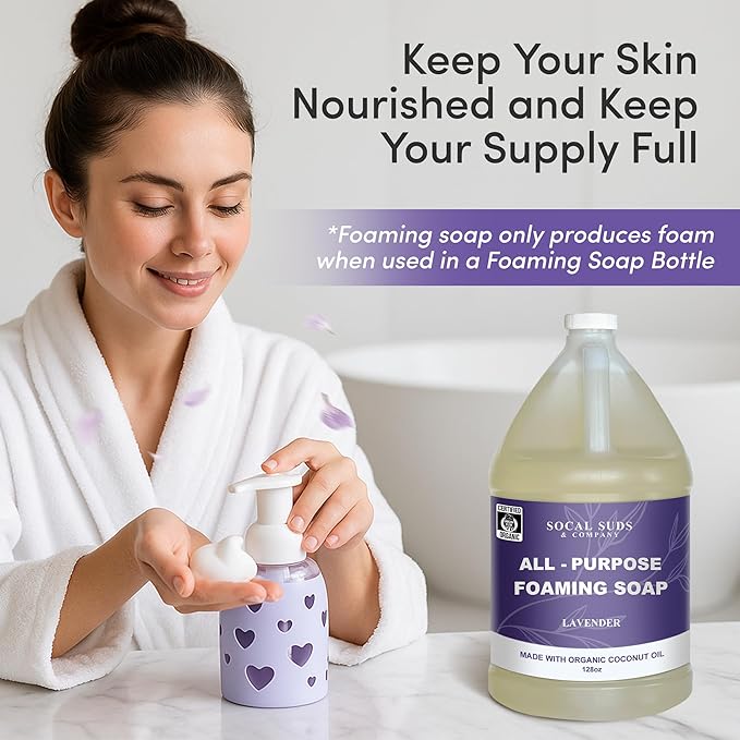 SoCal Suds & Company 128oz Certified Organic Foaming Hand & Body Wash - Gentle Natural Body,Baby & Face Wash for Sensitive Skin, Moisturizing Soap, Hand Soap and More - Lavender