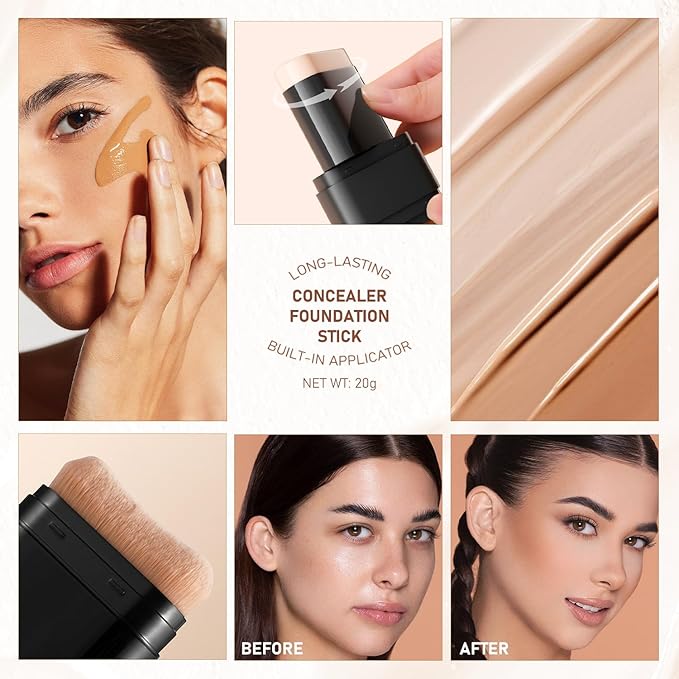 2PCS Long-Lasting Concealer Foundation Stick, Full Coverage Foundation Stick, 2-in-1 Contouring foundation with Brush, Cover Blemishes for All Skin Types (03#Light skin)
