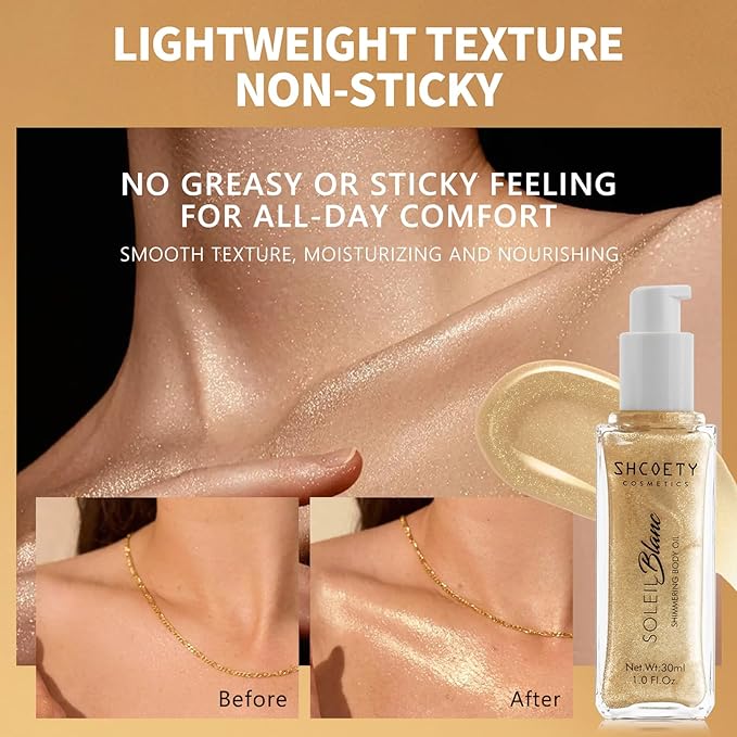 Shimmer Body Oil with Brush, Portable Long Lasting Body Glow Oil for Body & Face, Waterproof & Natural Moisturizing Liquid Highlighter Makeup for All Skin, Travel, Wedding, Party, Light Gold