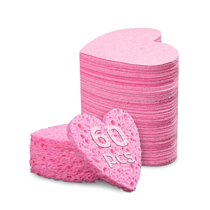 Women 60-Count Compressed Cellulose Heart Shape Face Facial Sponges 100% Natural Cosmetic Sponges for Facial Cleansing Exfoliating Mask Skin Massage (Pink)