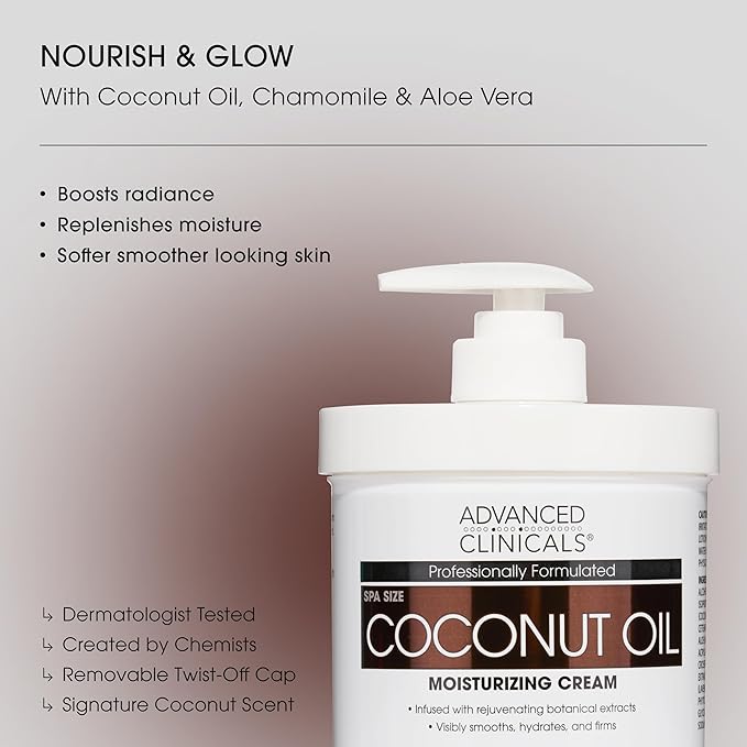 Advanced Clinicals Coconut Oil Body Cream For Women & Men | Hydrating Coconut Lotion For Extremely Dry Skin | Visible Anti Aging Body Butter Skin Care Balm Moisturizer For Hand, Heel, Feet, 16 Ounce