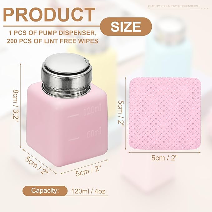 YOKIVE Alcohol Dispenser, 120ml(4oz) Pump Dispenser Bottle Push Down for Nail Polish Remover Acetone Cleanser with 200Pcs Lint Free Nail Wipes, Pink(Splash-proof Pump Head)