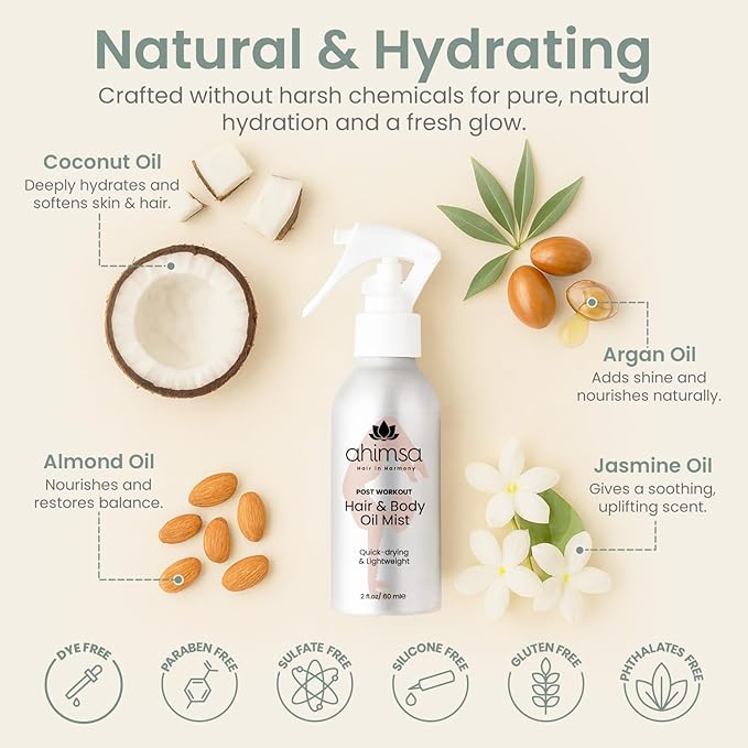 Ahimsa Hair and Body Mist Glow Spray, Fast-Drying Non-Greasy Dry Oil Hair Perfume Spray, Body Mist for Women with Jasmine, Coconut, & Argan Oil, All Natural Perfume Women Lightweight Fragrance Mists