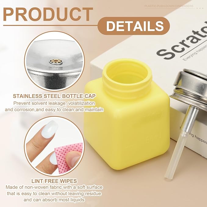 YOKIVE Alcohol Dispenser, 180ml(6oz) Pump Dispenser Bottle Push Down for Eye Makeup Nail Polish Remover Acetone Cleanser with 200Pcs Lint Free Nail Wipes, Yellow