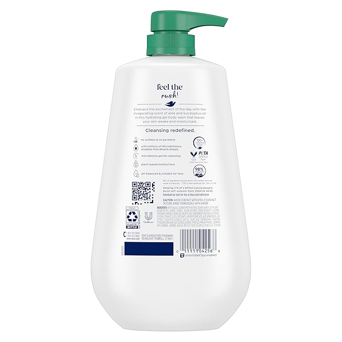 Dove Body Wash with Pump Invigorate Aloe & Eucalyptus For 24hr Lotion-Soft Skin Moisturizing Skin Cleanser with No Sulfates No Parabens 30.6 Oz