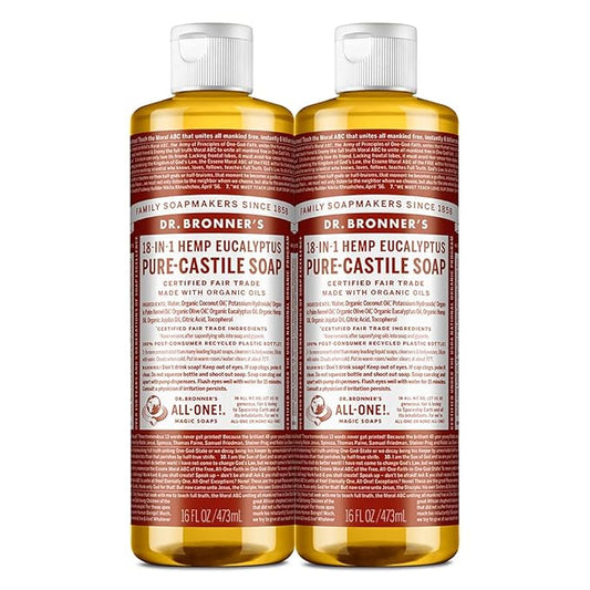 Dr. Bronner's Magic Soap - Pure-Castile Liquid Soap (Eucalyptus, 16 ounce, 2-Pack) -Regenerative Organic Certified Oils, 18-in-1 Uses: Body, Hair, Laundry, Pets & Dishes, Concentrated, Vegan, Non-GMO