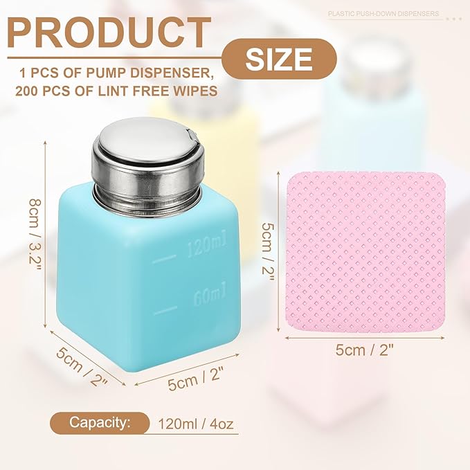 YOKIVE Alcohol Dispenser, 120ml(4oz) Pump Dispenser Bottle Push Down for Eye Makeup Nail Polish Remover Acetone Cleanser with 200Pcs Lint Free Nail Wipes, Blue