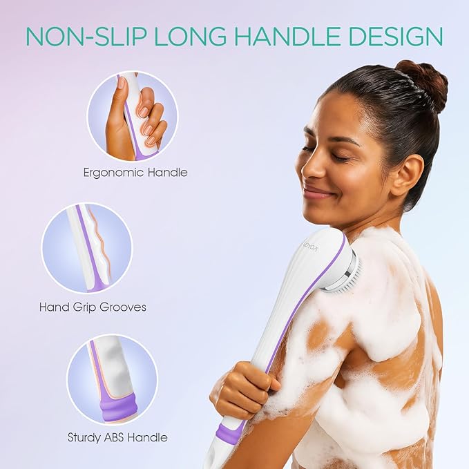 VOYOR Electric Body Brush Back Scrubber for Shower Rechargeable Exfoliating Bath Brush Powered Shower Brush with Non-Slip Long Handle Deep Cleansing, Exfoliation, Massaging Spin Brush BC100 (Purple)