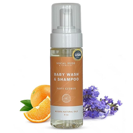 SoCal Suds & Company - 2-in-1 Organic Foaming Shampoo & Body Wash - Gentle Botanical Baby Wash for Sensitive Skin - Clean Natural Nourishing Soothing Castile Soap - Newborn Baby - Soft Citrus, 6oz