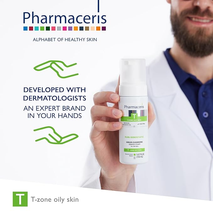 Pharmaceris Sebum Cleansing Foam – Gentle Facial Cleanser Removes Excess Oil, Dirt & Makeup, Helps Unclog Pores, Shine Control Foaming Face Wash for Oily & Sensitive Skin, PURI-SEBOSTATIC, 5.07 fl oz