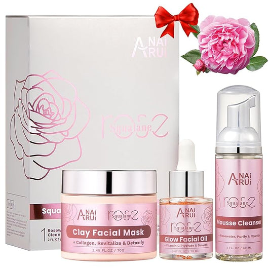ANAiRUi Rose Skincare Gift Set, Christmas Gift for Women, Facial Skincare Kit for Women, Rose & Squalane Face wash and Moisturizer Set with Clay Mask, Face Cleanser and Facial Oil, Purify, Hydrate