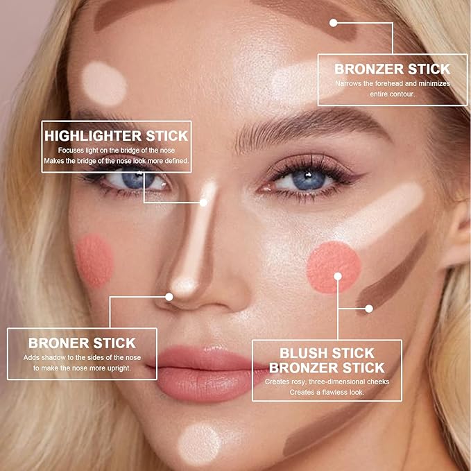 3-in-1 Cream Contour Stick Set - Fair (7+9+11) - Blush, Contour & Highlighter - Long Lasting, Waterproof - Matte & Dewy Finish