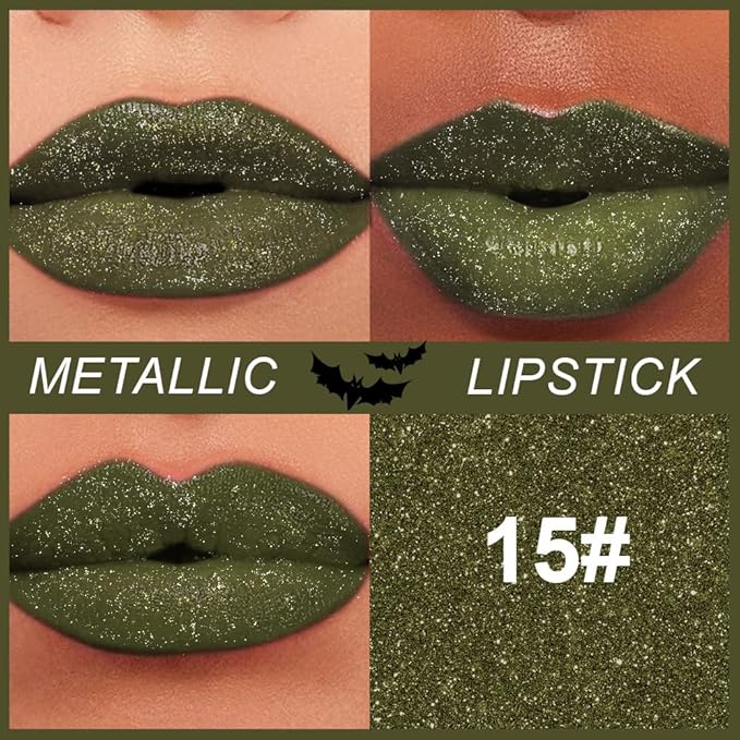 Dark Green Metallic Lipstick for Women,Lightweight Non-Drying Shimmer Frosted Lipsticks,Glitter Lip Gloss Stain Long Lasting Waterproof No Smudge Proof No Transfer 12 Hour,Cruelty-Free Makeup