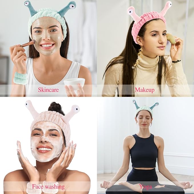 Snail Spa Headband & Wristband Set - Skincare & Makeup Face Washing Headband - Cute Animal Spa Set for Women & Girls - Green, Pink, Khaki