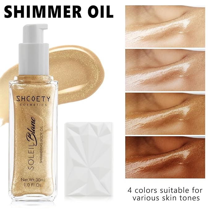 Shimmer Body Oil with Brush, Portable Long Lasting Body Glow Oil for Body & Face, Waterproof & Natural Moisturizing Liquid Highlighter Makeup for All Skin, Travel, Wedding, Party, Light Gold