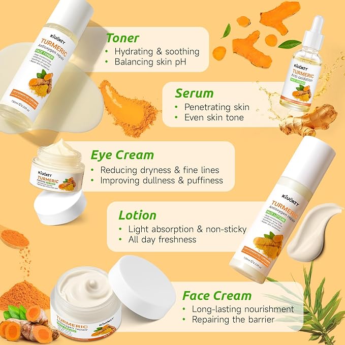 15 PCS Turmeric Skin Care Set - Turmeric Skin Care Kit Long-Lasting Moisture, Oil Control & Smooth Skin - With Cleanser, Soap, Scrub,Toner, Face Oil, Eye Cream, Lotion, Cream & Facial Masks