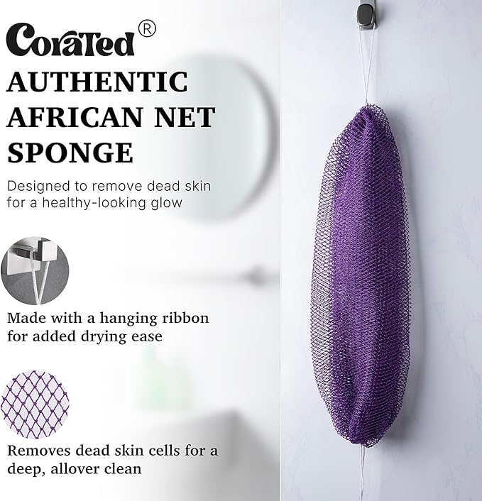 CORATED African Net Sponge Authentic, Shower Loofah Exfoliating Bath Sponge, Body Scrubber for Women and Men Daily Use Body Care, Travel Portable, Durable Bath Accessories for Bathroom (Blue & Purple)