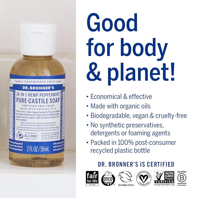 Dr. Bronner's - Pure-Castile Liquid Soap (Peppermint, Travel Size, 2 ounce) - Made with Organic Oils, 18-in-1 Uses: Face, Body, Hair, Laundry, Pets and Dishes, Concentrated, Vegan, Non-GMO