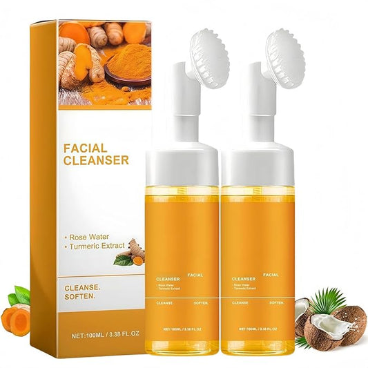 2 Pcs Turmeric Face Wash, Deep Cleansing Exfoliating Glow Wash Turmeric Foaming Facial Cleanser with Brush. ﻿