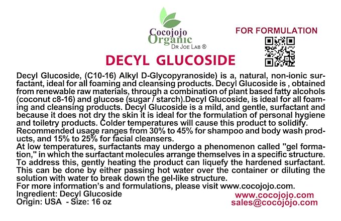Dr Joe Lab Decyl Glucoside Natural Surfactant - Surfactants for Soap Making, Lauryl Glucoside, DIY Shower Gel, Skin Care, Body and Face Wash, Plant Derived, Natural - 16 Oz