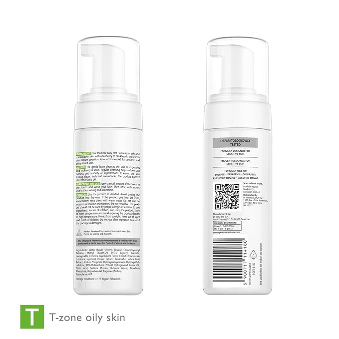 Pharmaceris Sebum Cleansing Foam – Gentle Facial Cleanser Removes Excess Oil, Dirt & Makeup, Helps Unclog Pores, Shine Control Foaming Face Wash for Oily & Sensitive Skin, PURI-SEBOSTATIC, 5.07 fl oz