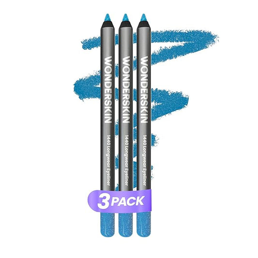 Wonderskin 1440 Longwear Blue Eyeliner Pencil, 3 Pack - Waterproof, Sharpenable Eyeliner Pencil & Smudge Proof Blue Eye Liner Pencils (Aqua)
