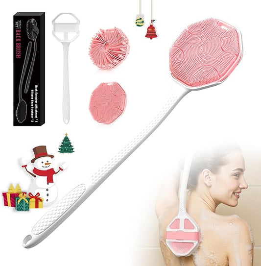 3PCS Extender Handle Set,17in Lengthen Detachable Long Handle Back Brush*1,Silicone Body Scrubber for Gentle Exfoliating and Massage Can Produce Rich Foam*2,Long Handle Back Scrubber for Men (White)