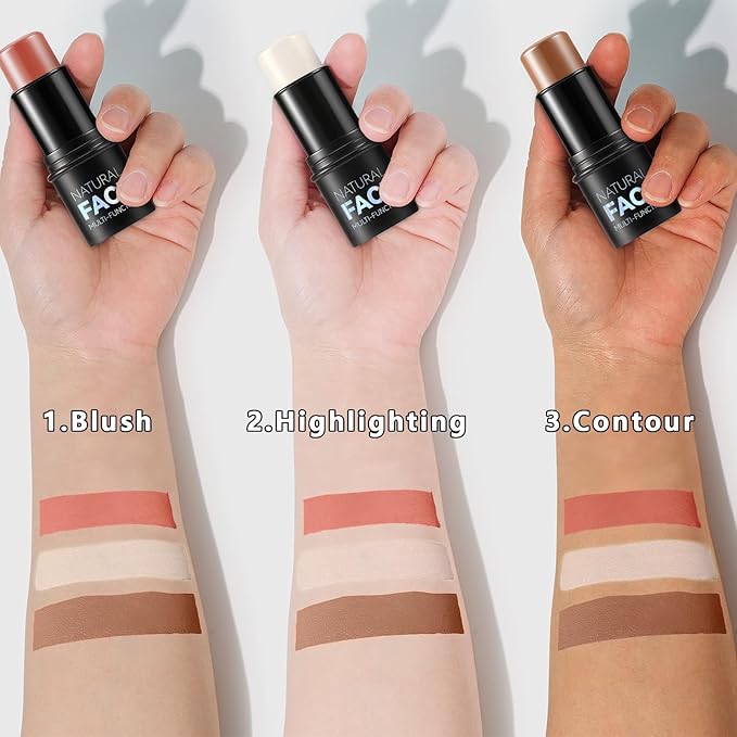 3Pcs Cream Contour Stick Makeup Kit, Shades with Highlighter, Blush and Bronzer Contour Stick for Sculpt the Cheeks, Long Lasting, Waterproof, Matte & Dewy Finish FAIR(7+9+11)