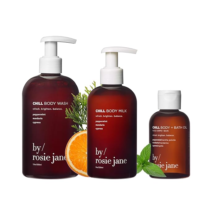 By Rosie Jane Chill Body Care Bundle – Chill Bath & Body Oil (125ml), Body Milk with AHA & Peppermint (250ml), Hydrating Body Wash with Mandarin & Cypress (350ml), Relaxing Aromatherapy Trio